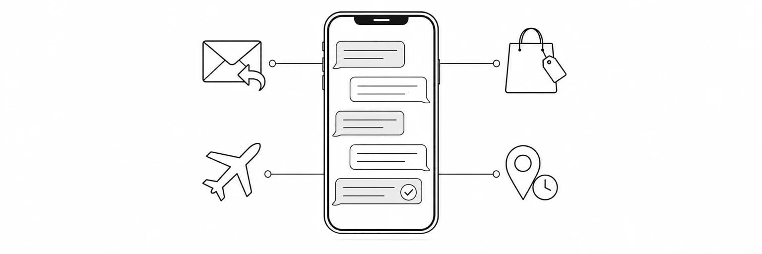 A black-and-white diagram of a phone messaging thread with Tend, connected to reminders, email, shopping and a map pin.