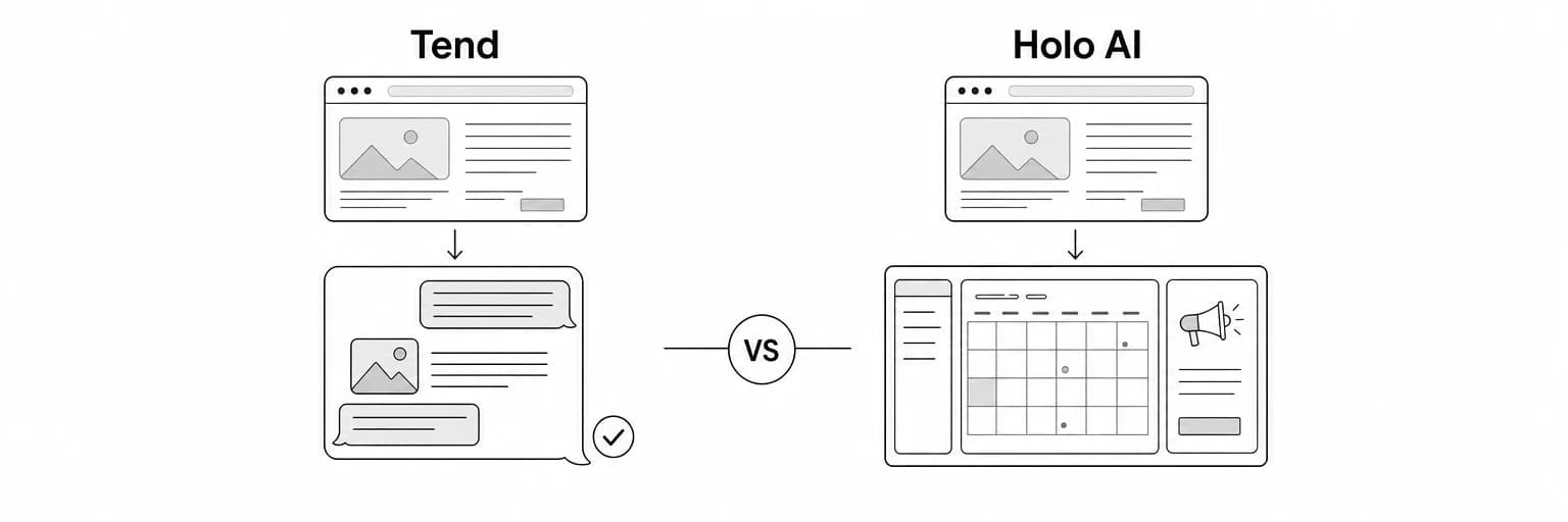 A black-and-white conceptual comparison of Tend’s text-message thread and Holo AI’s marketing dashboard, both starting from a website.